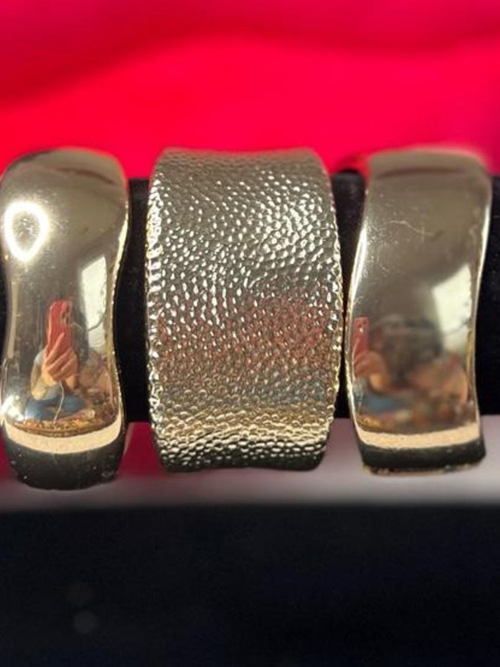Chunky set of 3 gold tone asymmetrical hinged clamp bangle bracelets